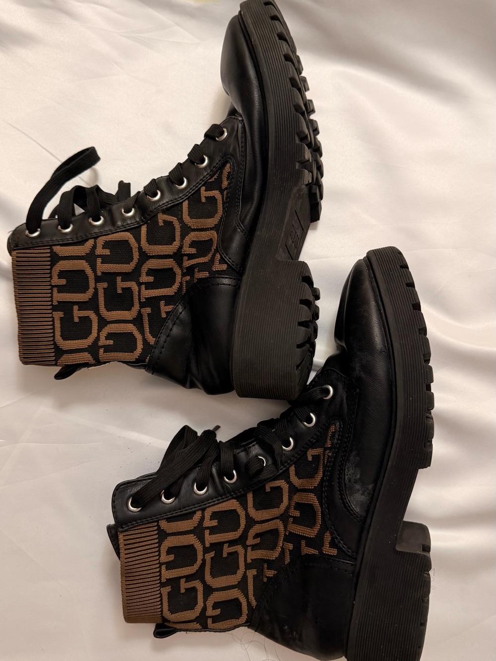 Guess Black & Brown Lace-Up Knit-Logo Combat Boots